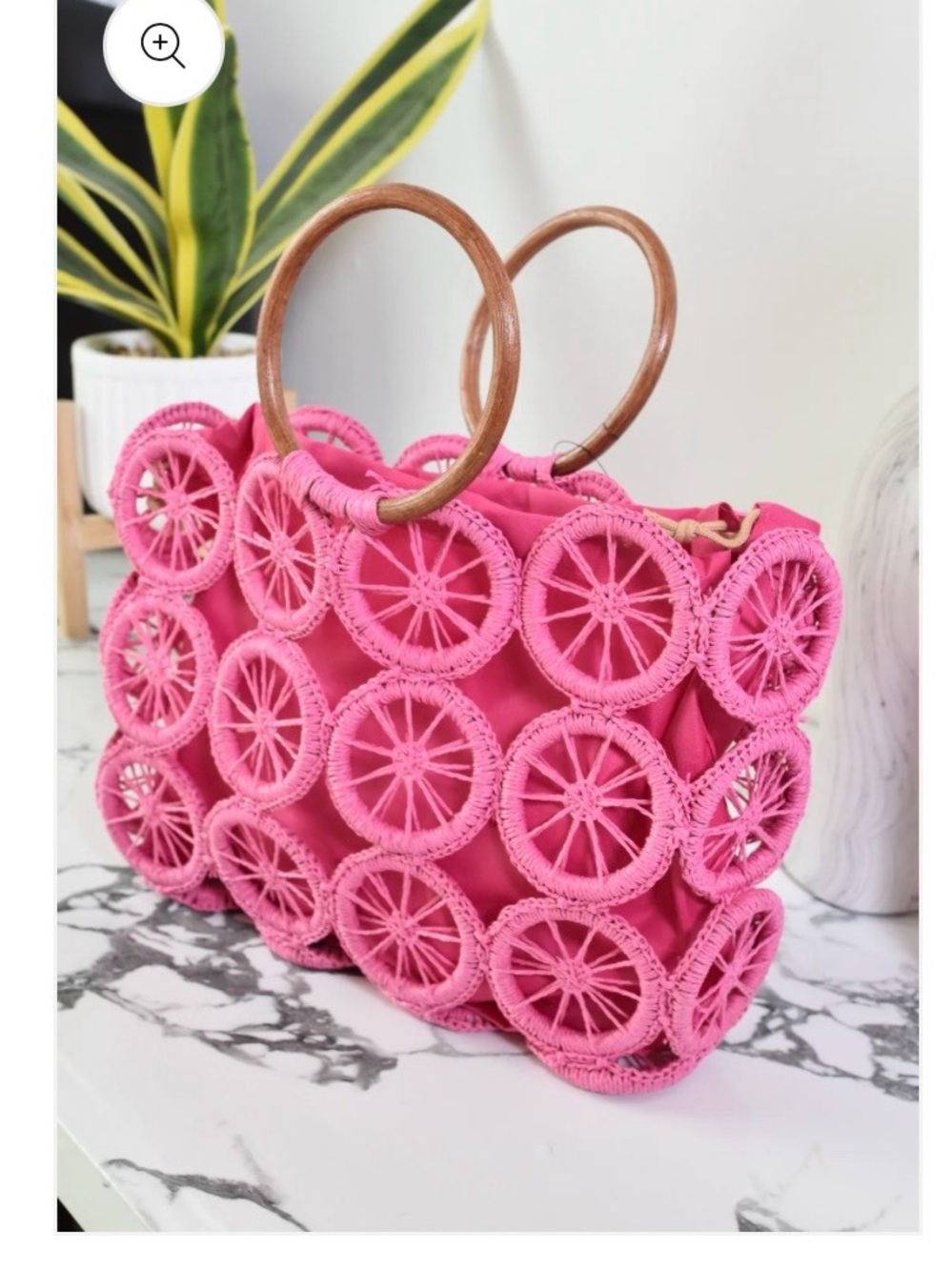 Woven Circle Statement Tote in Hot Pink with Wooden Handles with Beige Lining